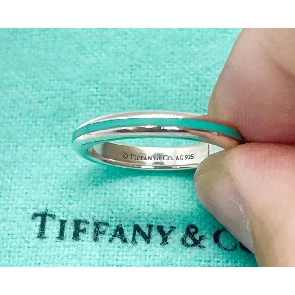 Tiffany & Co. Silver Blue Enamel Narrow Stripe Band Ring Size 5.75